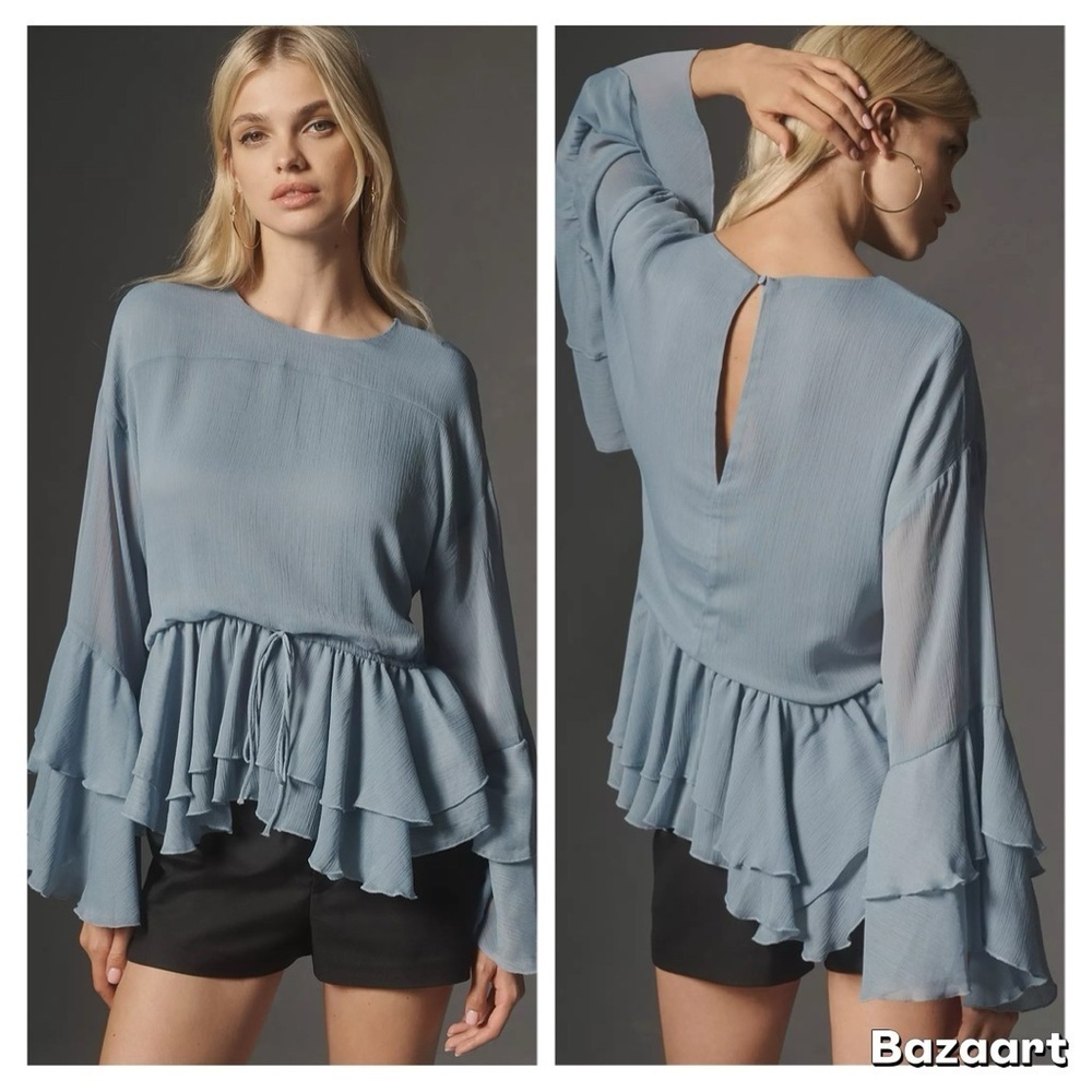NWT By Anthropologie Long-Sleeve Ruffled Tunic Blouse Sz Small